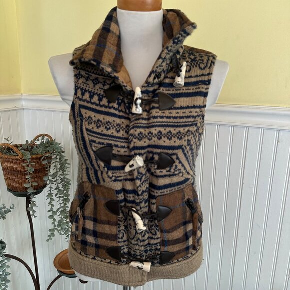 Vintage Plaid Wool Blend Toggle Vest Small Blue & Brown - Picture 1 of 9